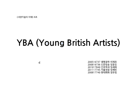 A Prezi presentation slide titled 'YBA (Young British Artists)' featuring a collage of YBA artworks and artists.