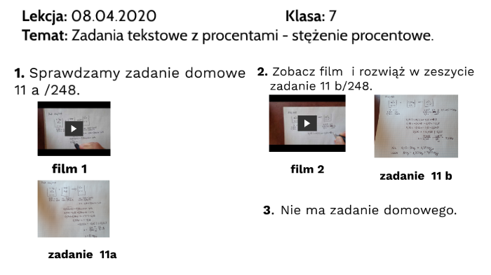 KLASA 7, 8 kwietnia 2020, Zadania tekstowe z procentami - stężenie